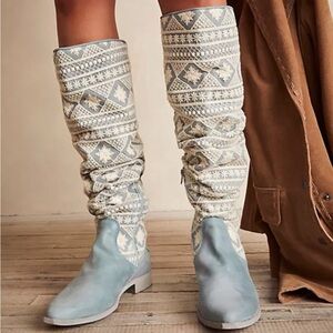 Free People Blue and Cream Patterned Over the Knee Boots